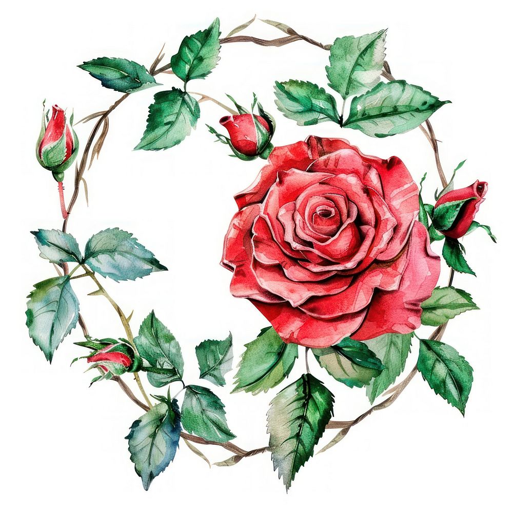 Red rose frame watercolor pattern flower plant.