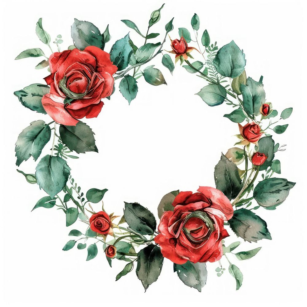 Red rose frame watercolor wreath pattern flower.