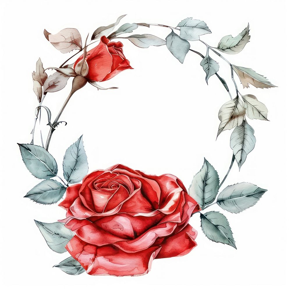 Red rose frame watercolor pattern flower plant.