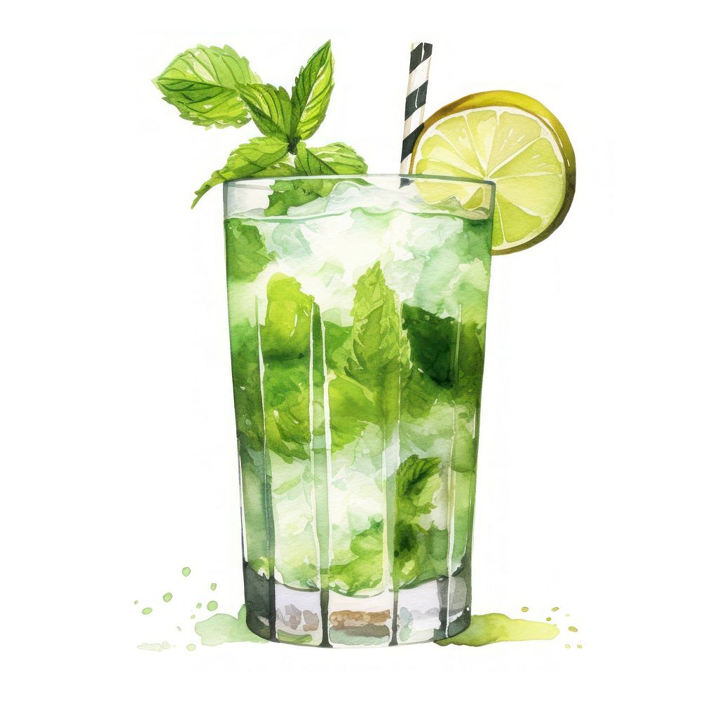 Mojito cocktail watercolor drink plant herbs.
