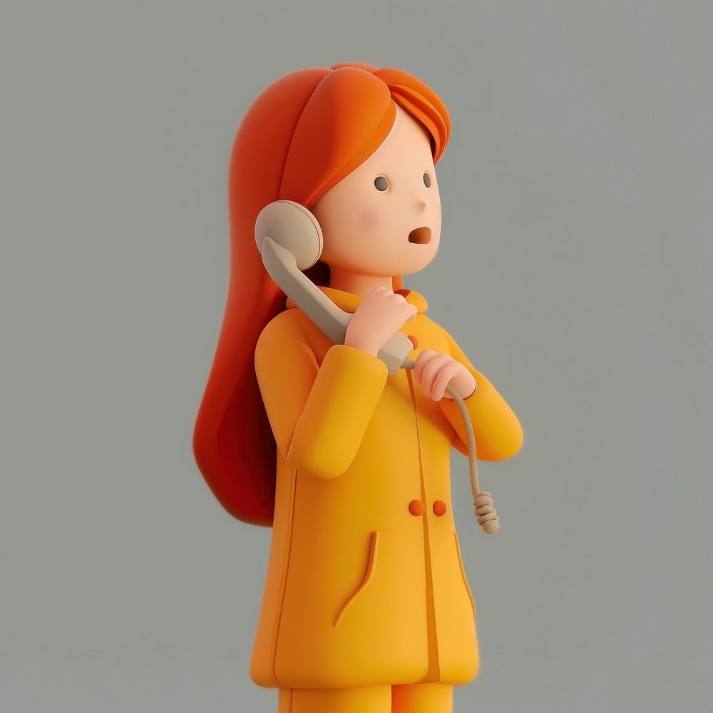 Woman holding telephone cartoon doll toy.