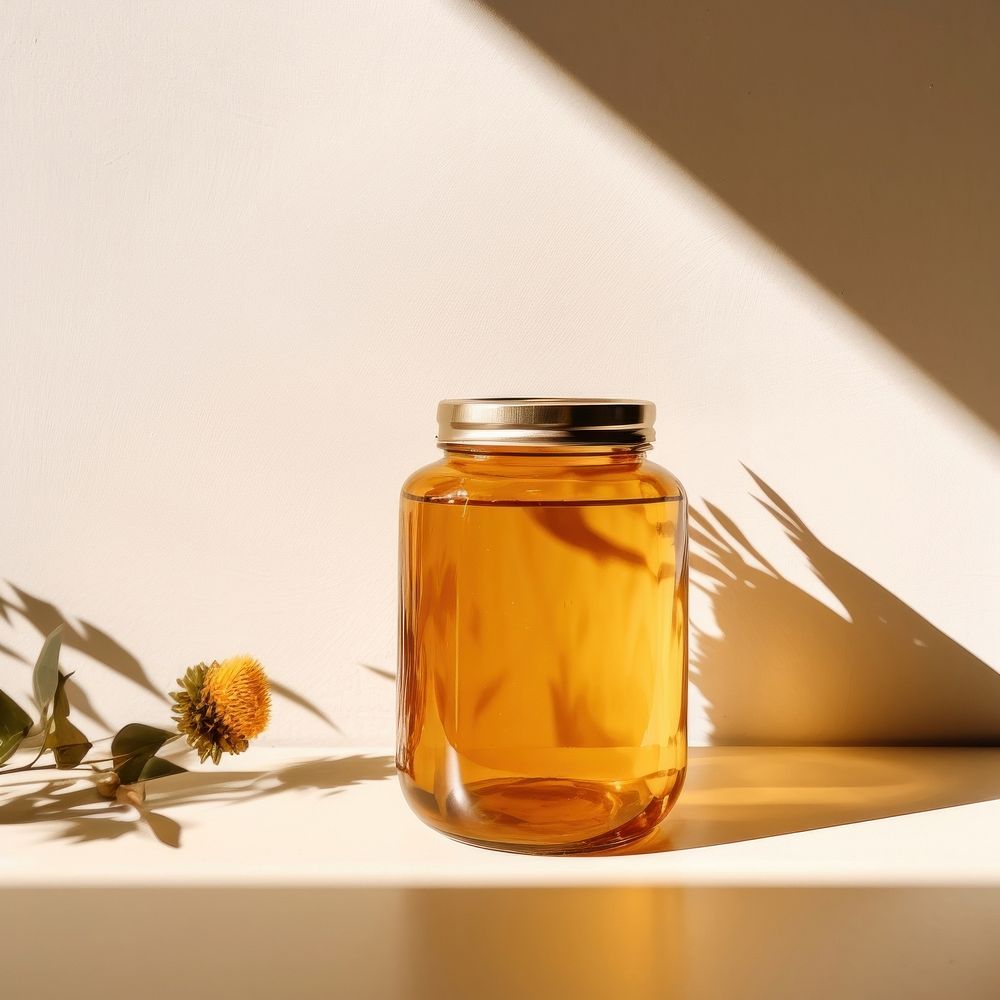 Amber glass jar honey food.