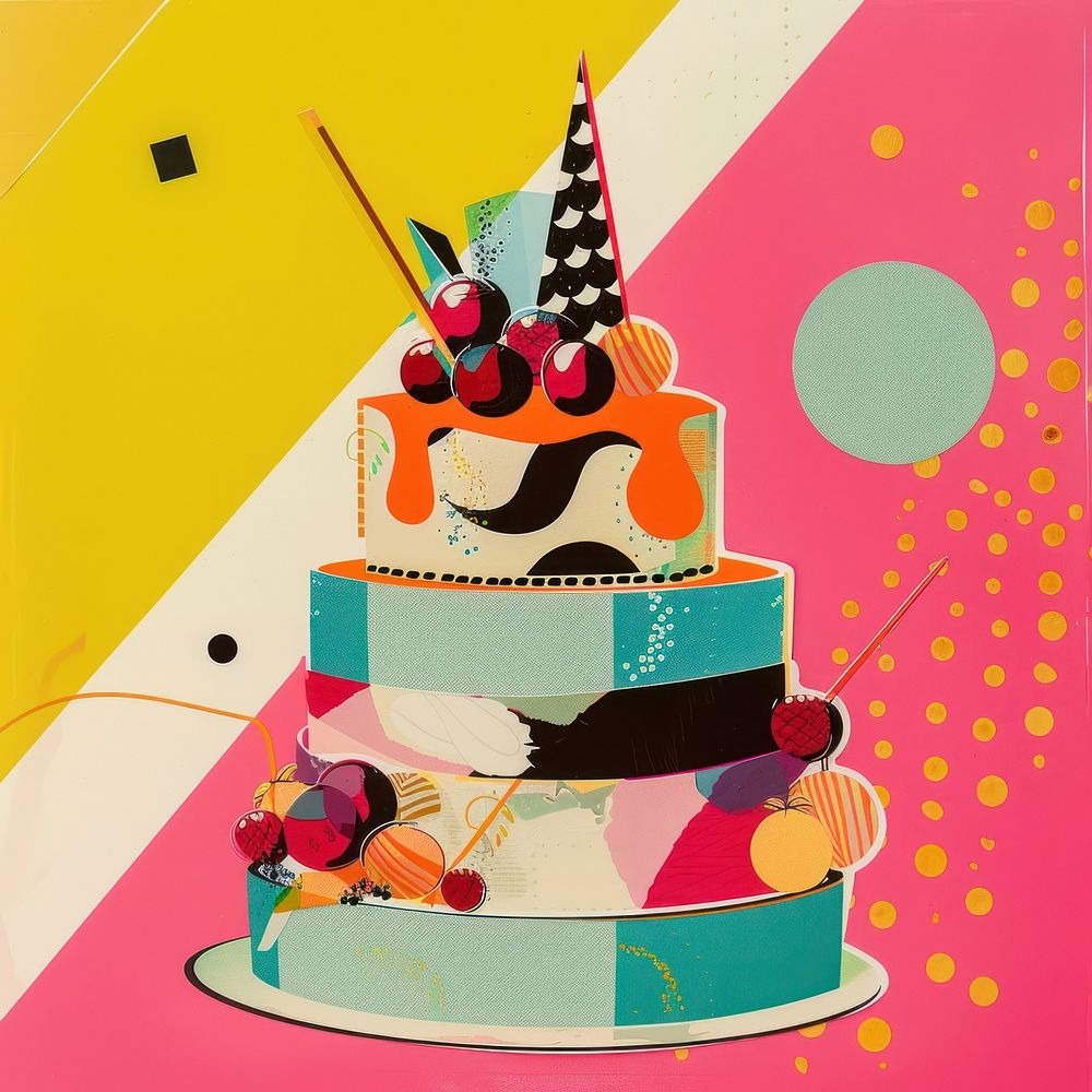 Retro collage of a birthday cake dessert food art.