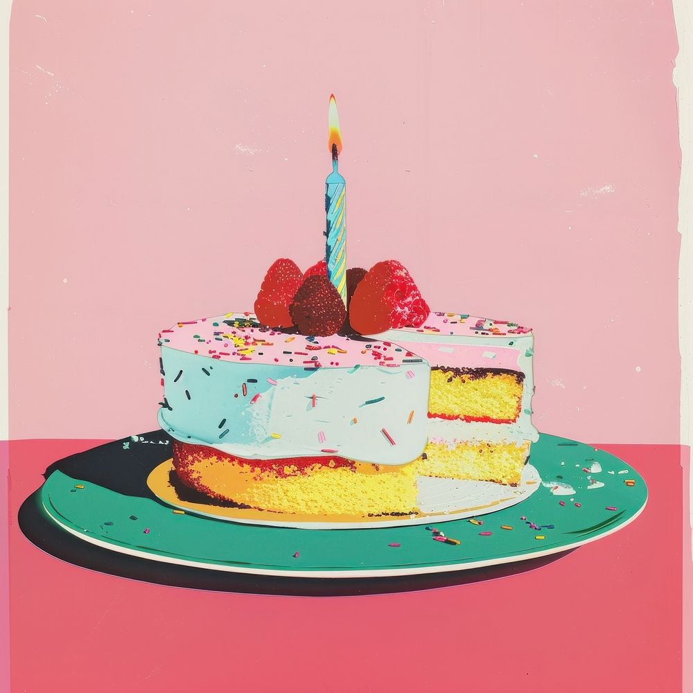 Retro collage of a birthday cake dessert icing berry.