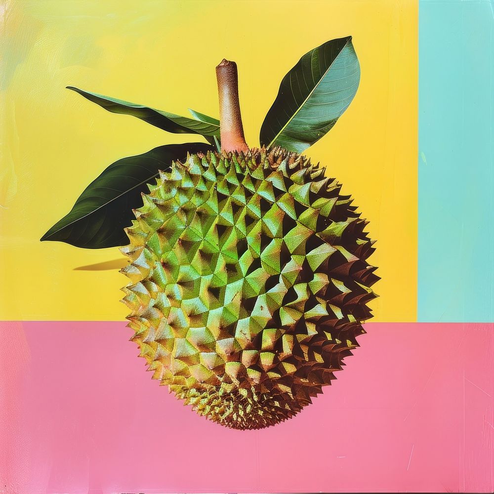 Retro collage of a durian pineapple fruit plant.