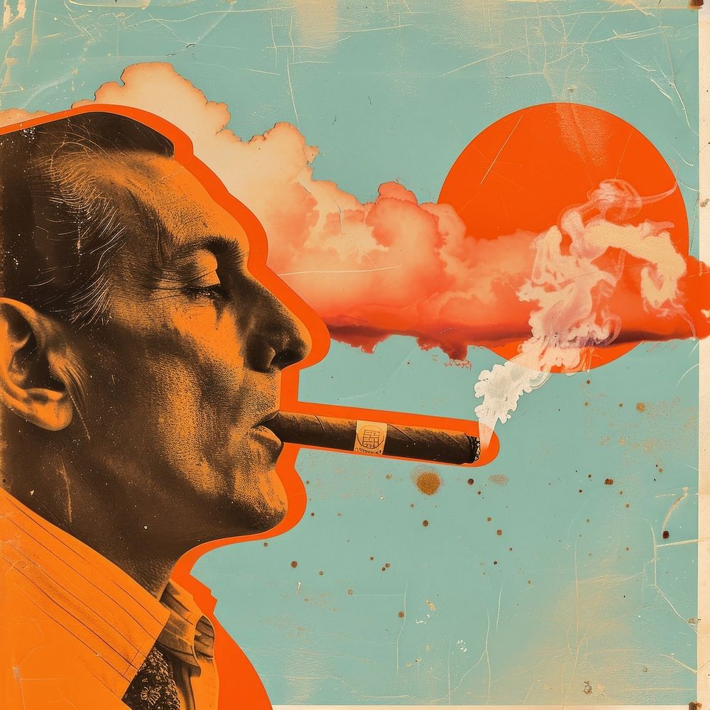 Retro collage of a man smoking cigar smoke.