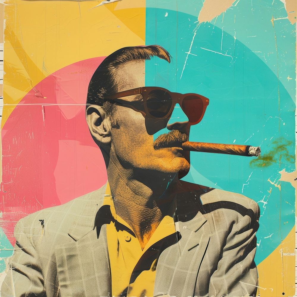 Retro collage of a man smoking portrait cigar.