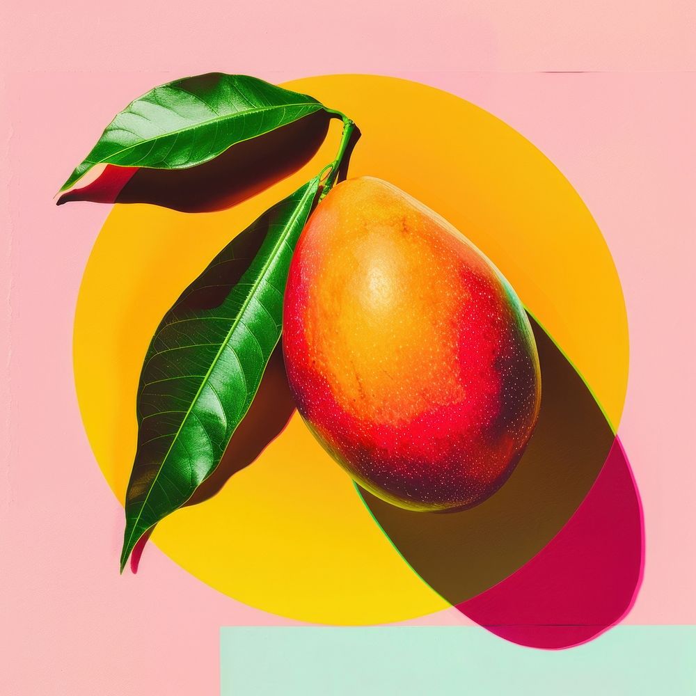 Retro collage of a mango peach fruit plant.