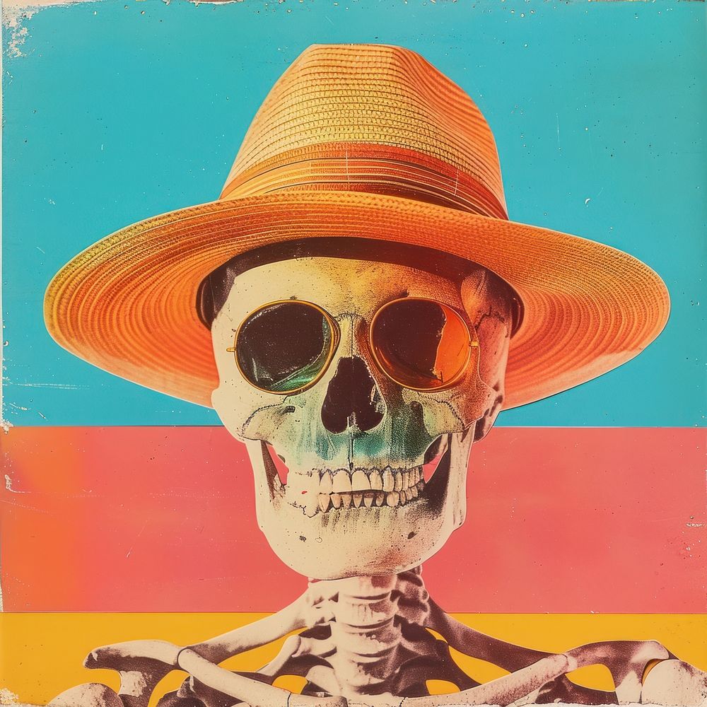Retro collage of a skull art portrait poster.