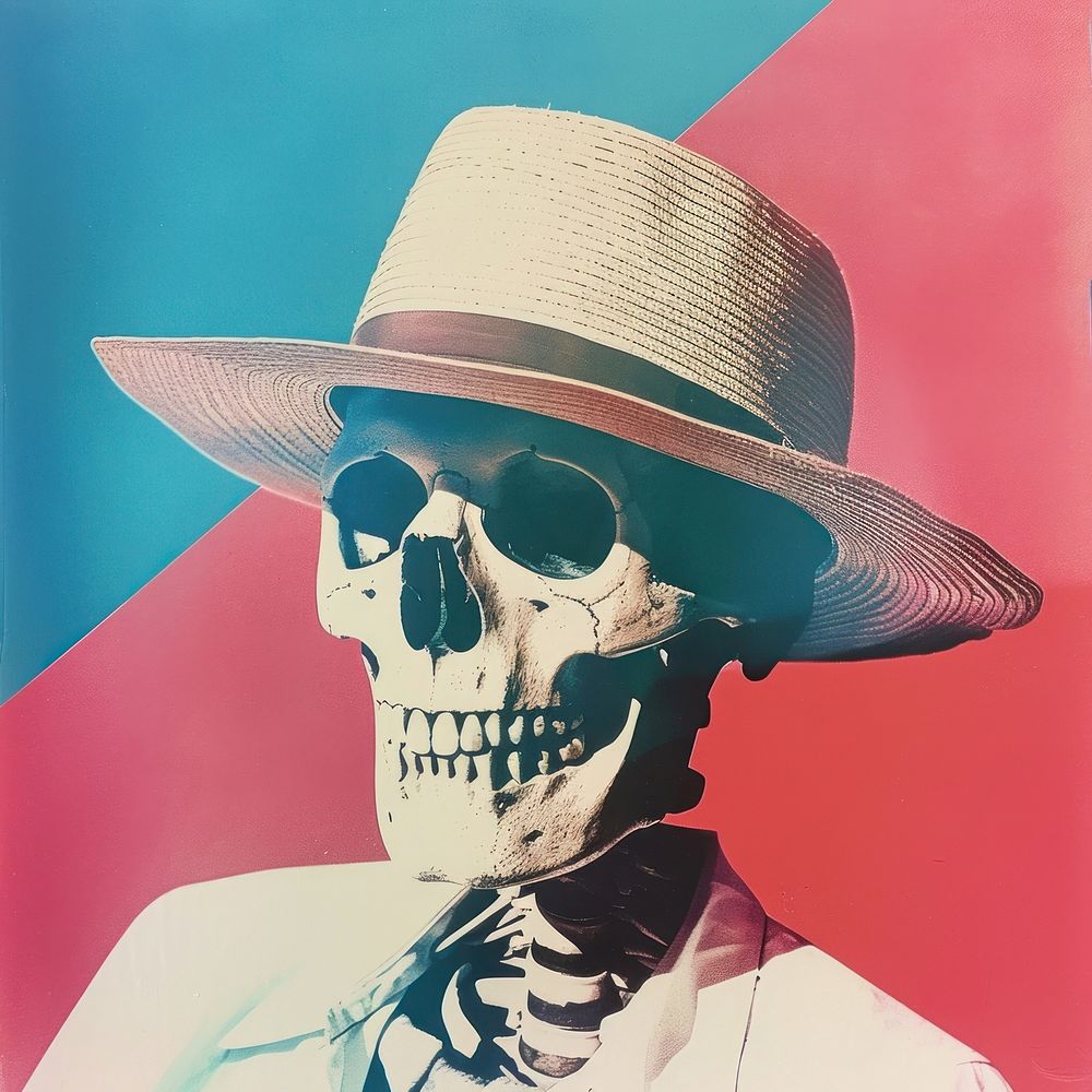 Retro collage of a skull adult art hat.