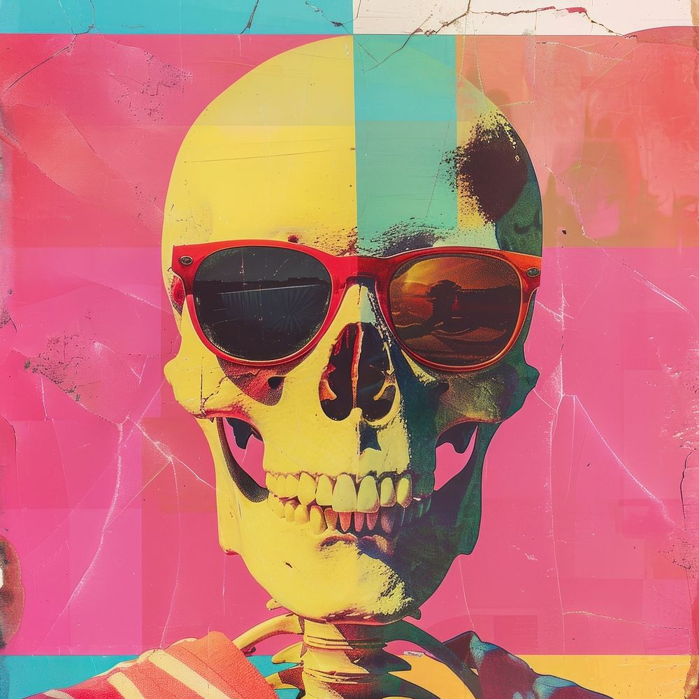 Retro collage of a skull sunglasses art portrait.