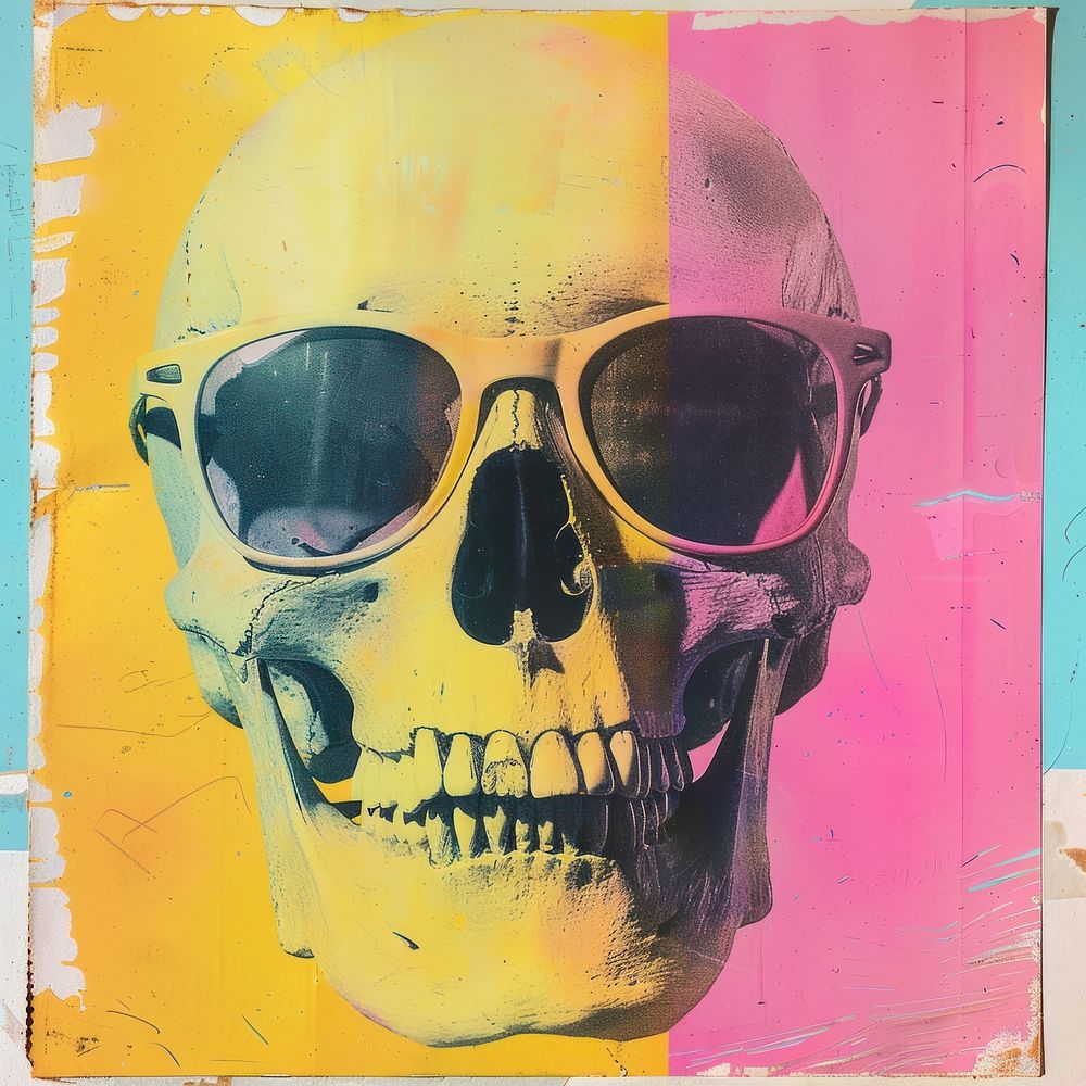 Retro collage of a skull sunglasses art poster.