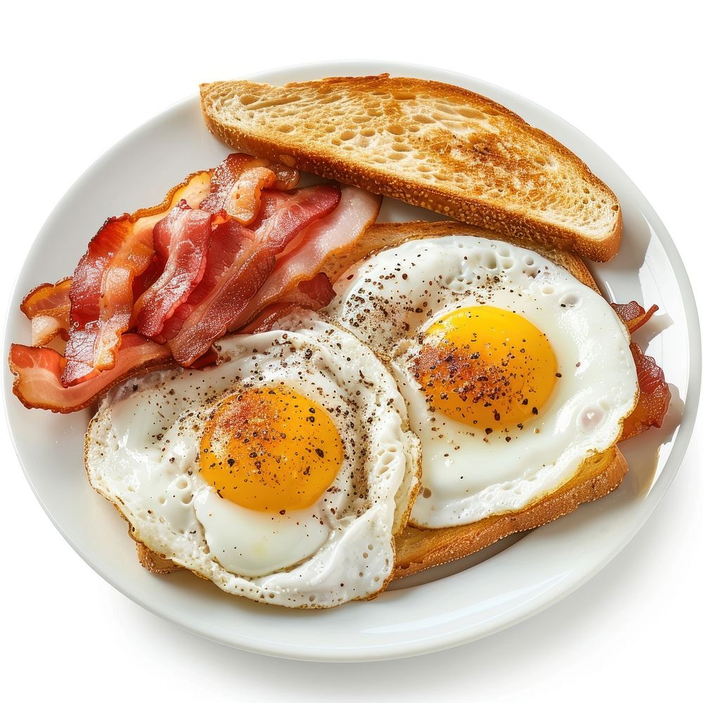 Plate of breakfast plate egg bacon.