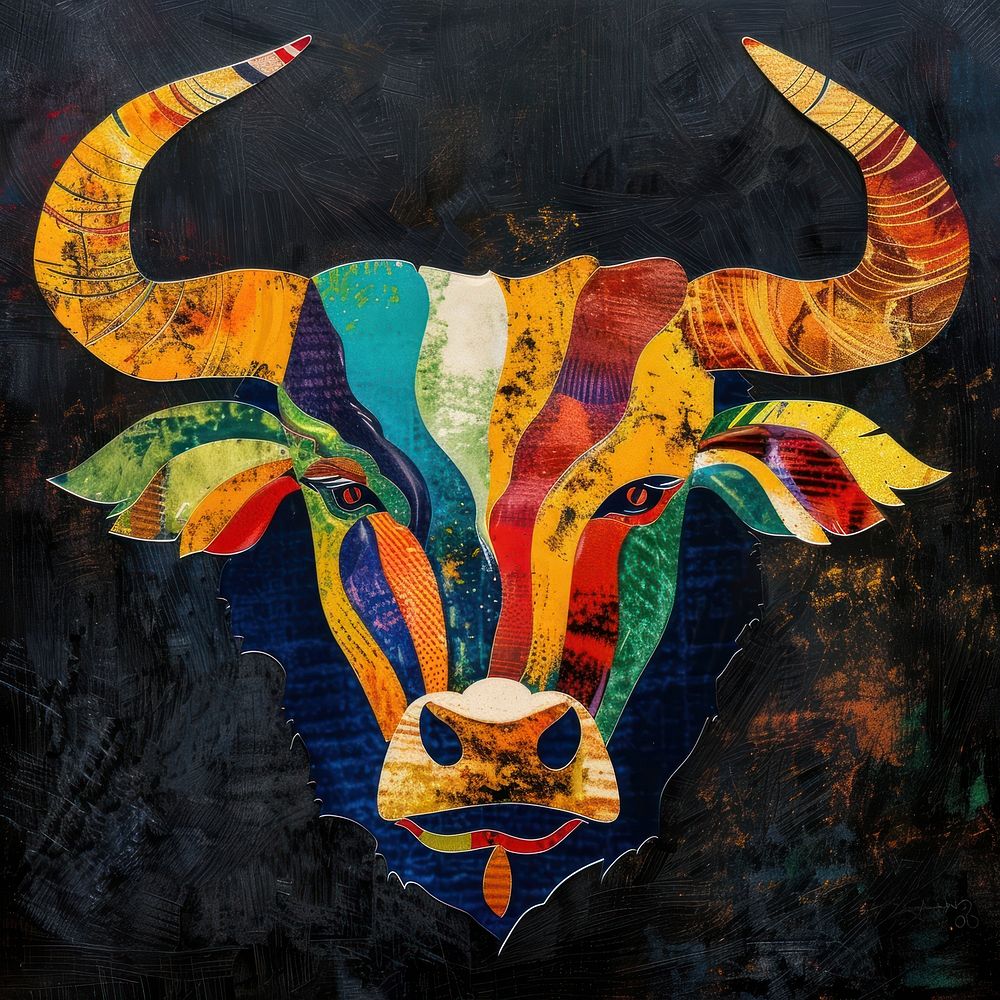 Bull Silhouette of a head of a Bull collected from plant ornament variegated colors painting cattle animal.