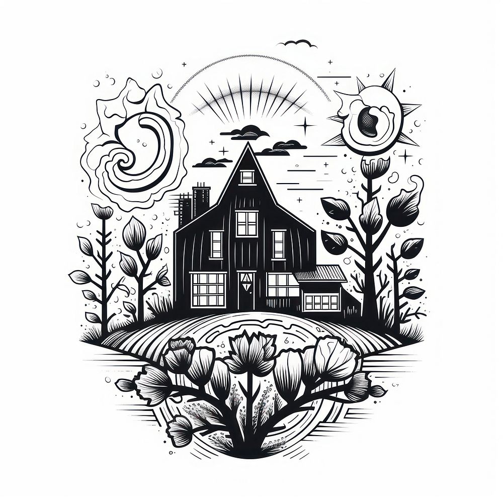 Farm house illustrated graphics drawing.