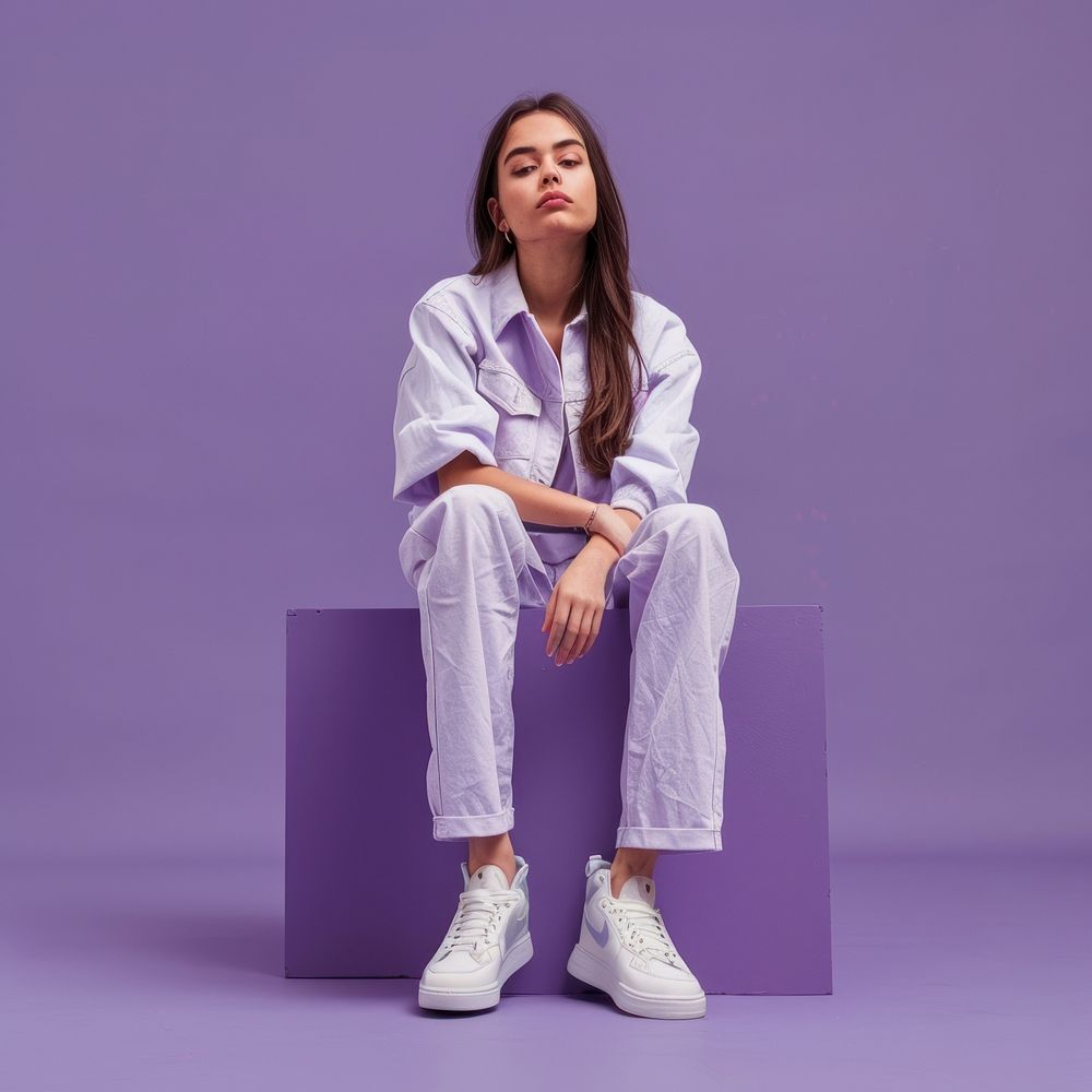 Sitting podium young woman wear trendy clothes advertisement posing model footwear purple shoe.