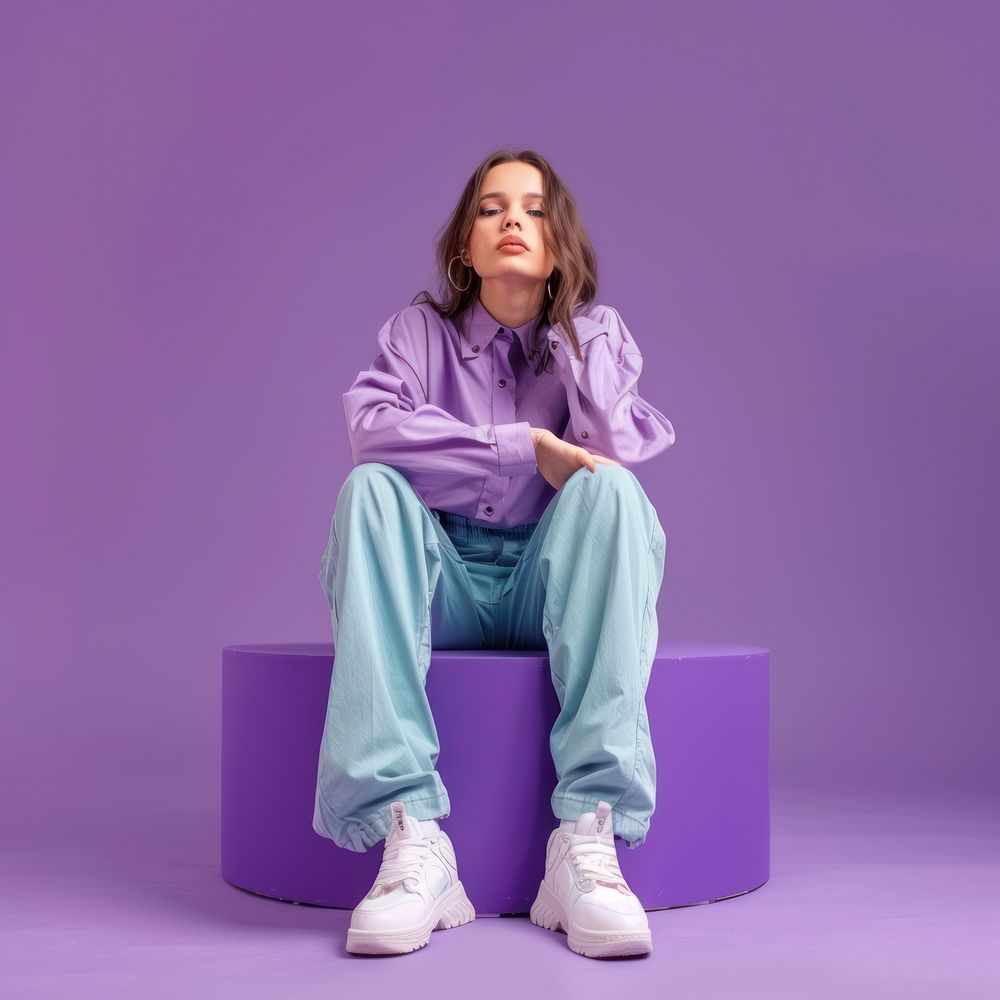 Sitting podium young woman wear trendy clothes advertisement posing model purple relaxation meditating.