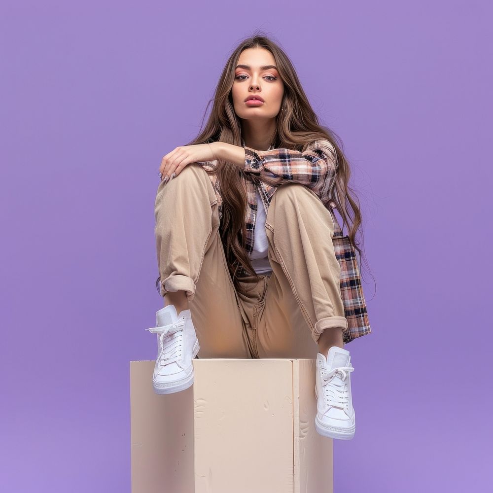 Sitting podium young woman wear trendy clothes advertisement posing model footwear portrait purple.