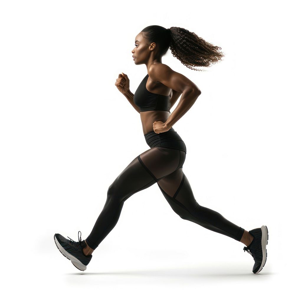 A woman running recreation clothing footwear.