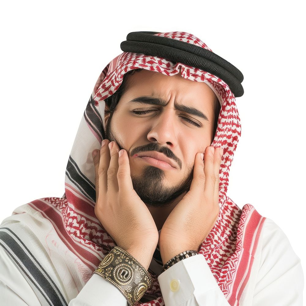 Middle eastern man toothache portrait white background overworked.