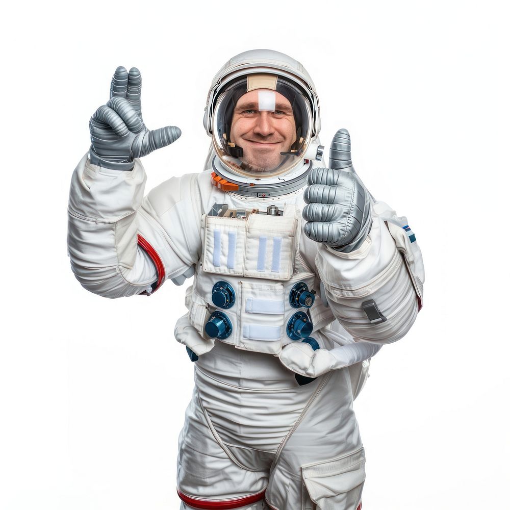 Full body astronaut suit and helmet make a gesture happy white background protection happiness.