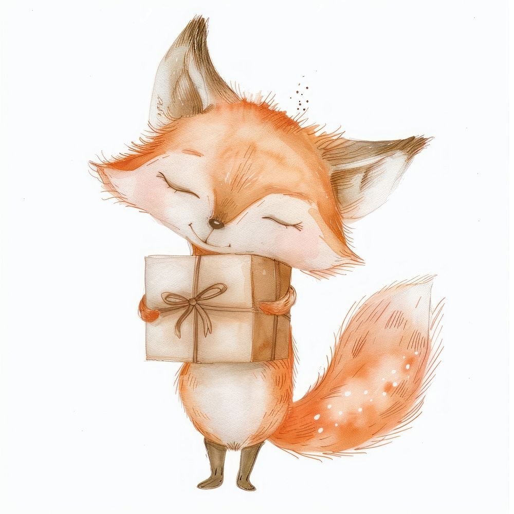 Fox hugging gift box animal art painting.