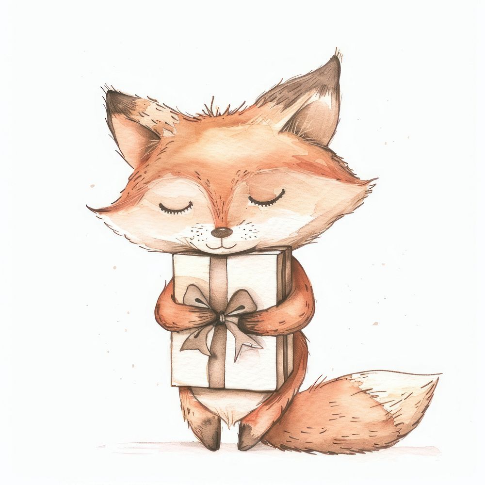 Fox hugging gift box animal art illustrated.