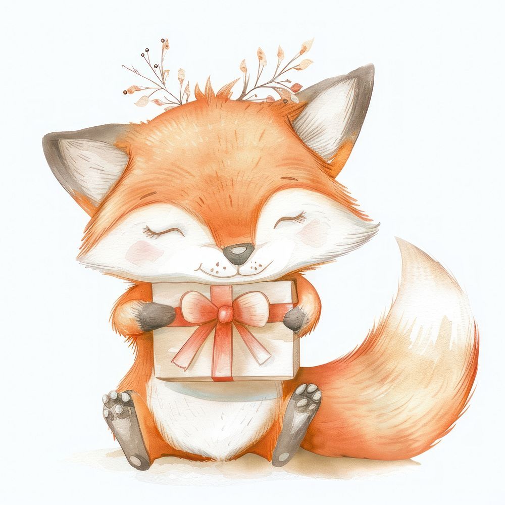 Fox hugging gift box animal art wildlife.