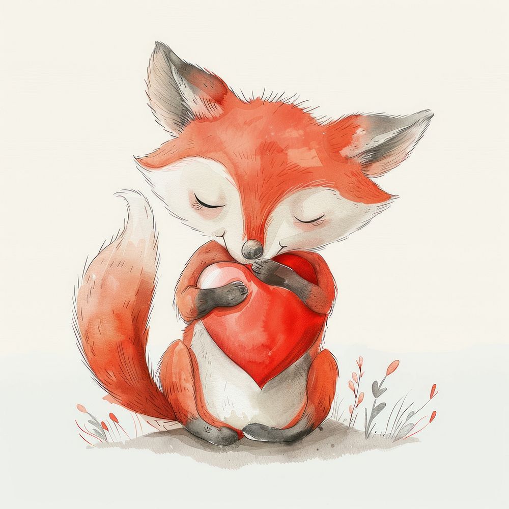 Fox hugging heart baby illustrated painting.