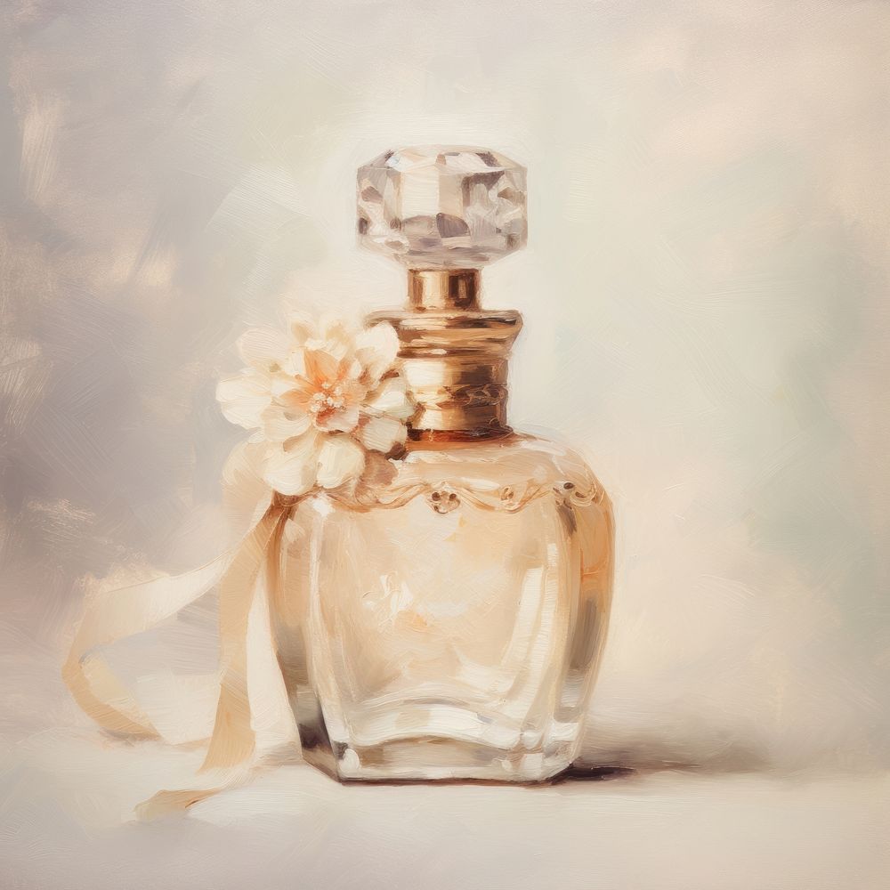 Close up on pale perfume bottle cosmetics.