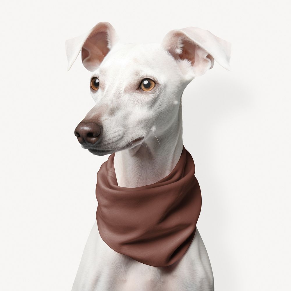 White dog with brown bandana