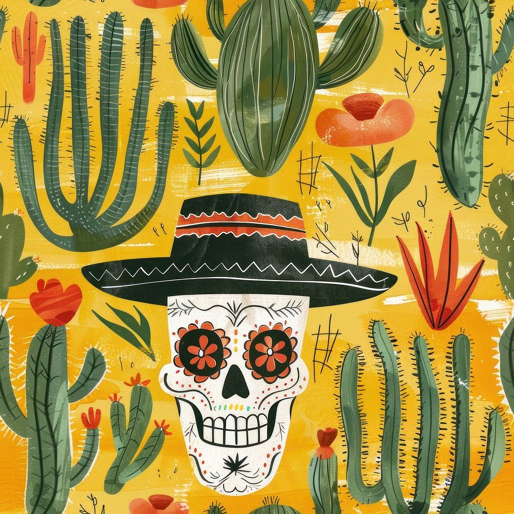 Maxican folk art pattern painting collage plant.