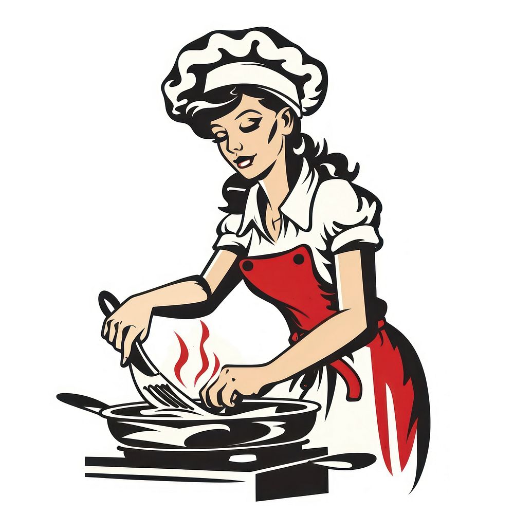 Illustration of chef cooking appliance standing cookware.
