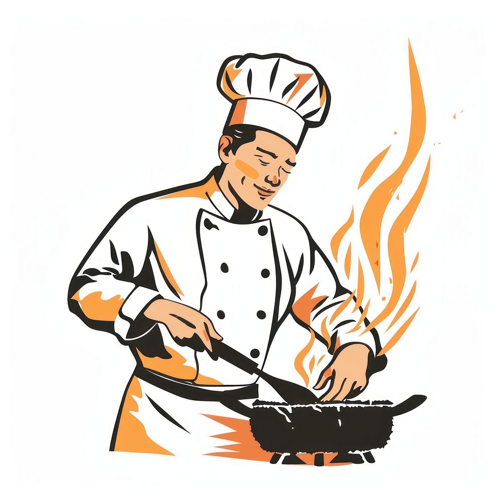 Illustration of chef cooking adult heat food.