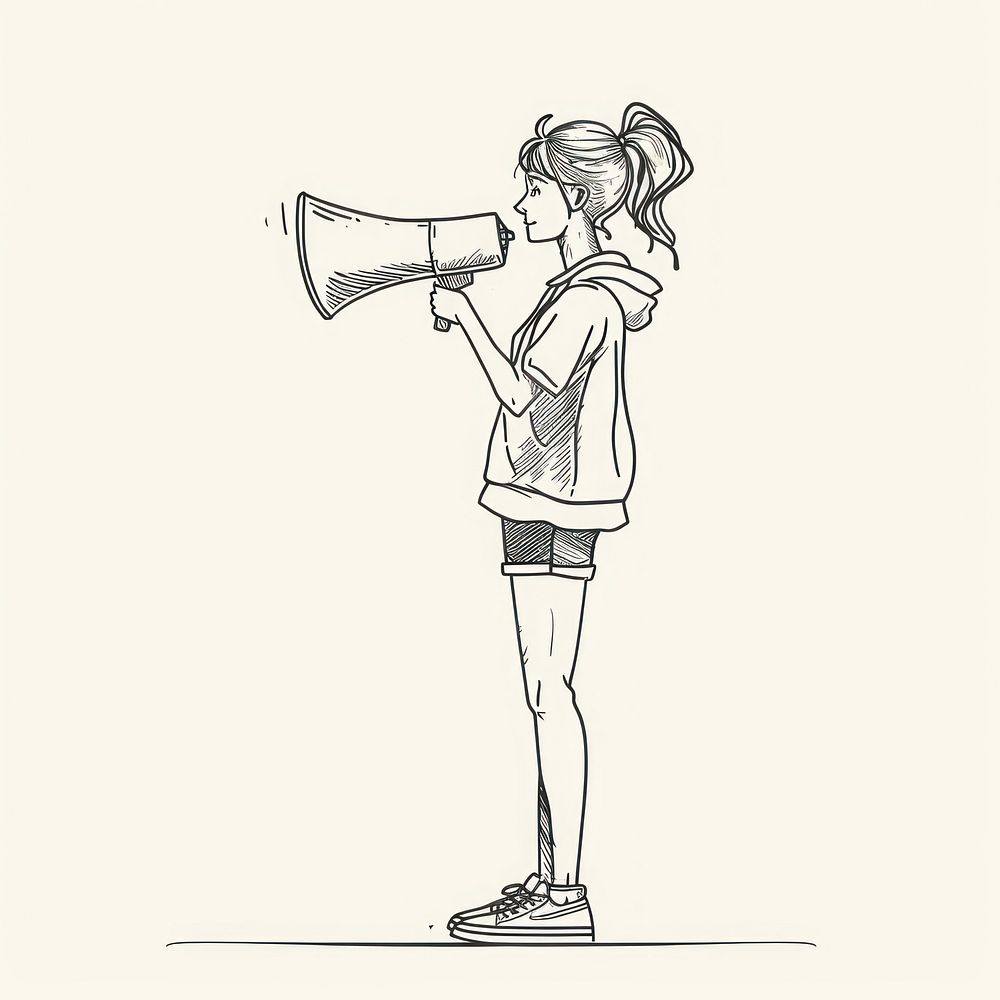 Woman holding megaphone sketch drawing line.