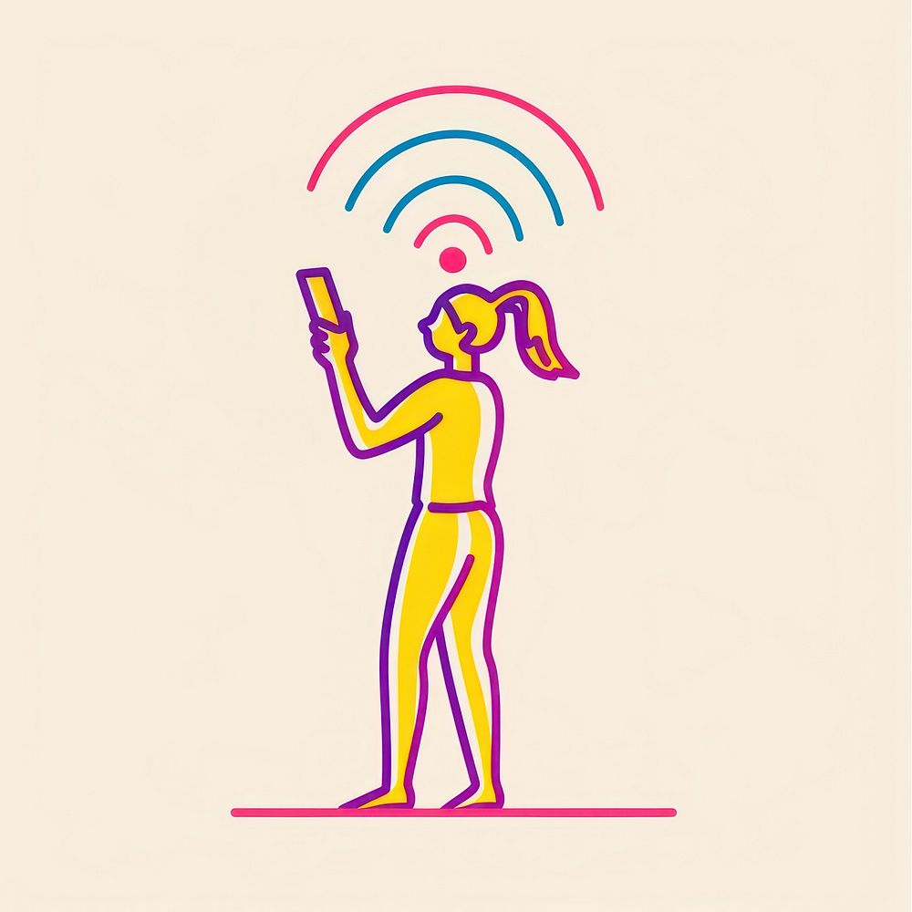 Woman holding mobile phone drawing line illustrated.