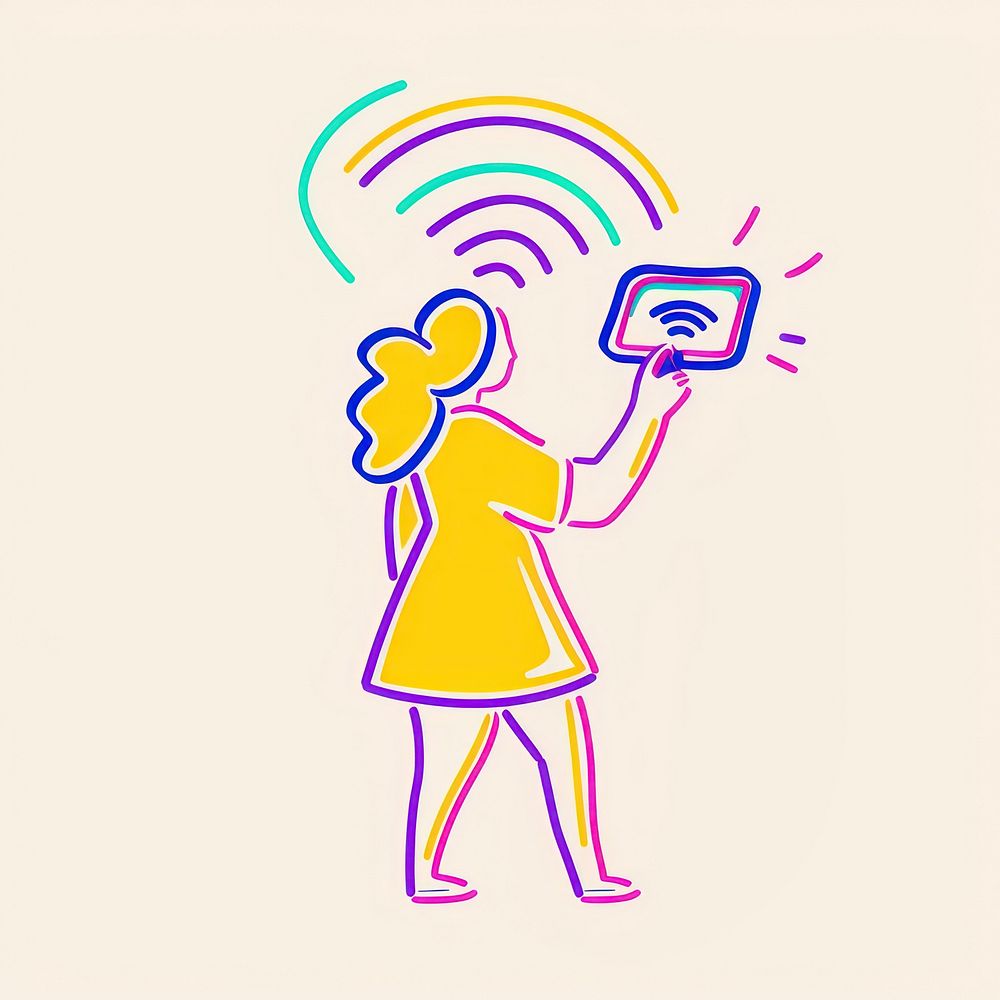 Woman holding wifi big icon drawing line illustrated.