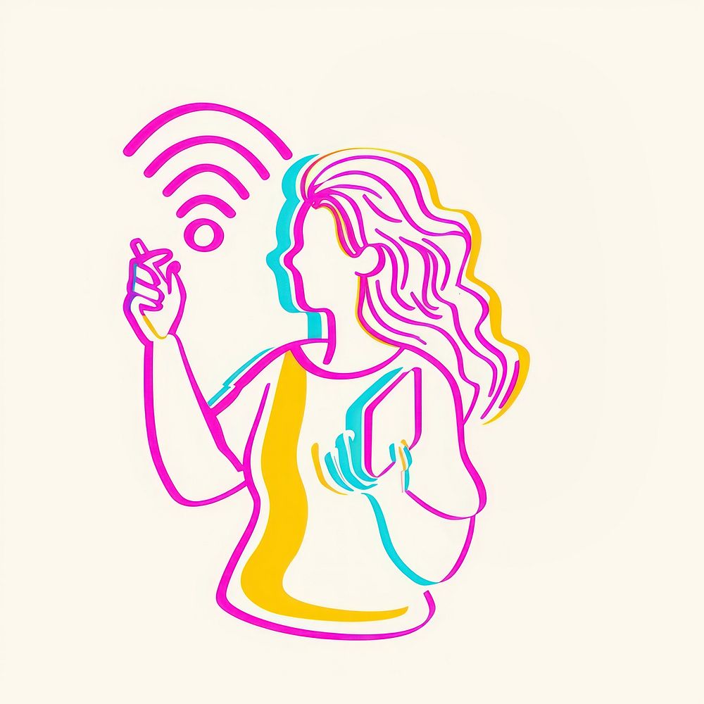 Woman holding wifi big icon drawing sketch line.