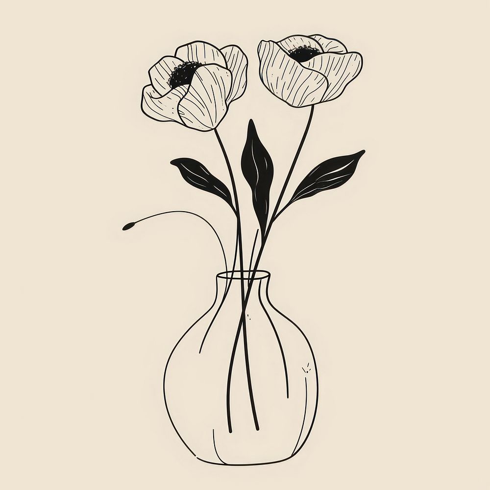 Peony flower vase sketch drawing line.