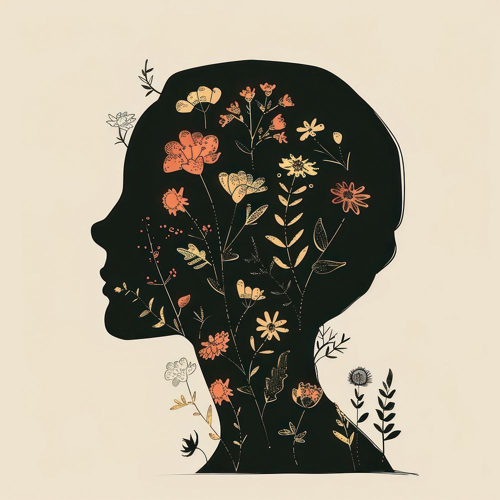 Silhouette head with flowers sketch drawing art.