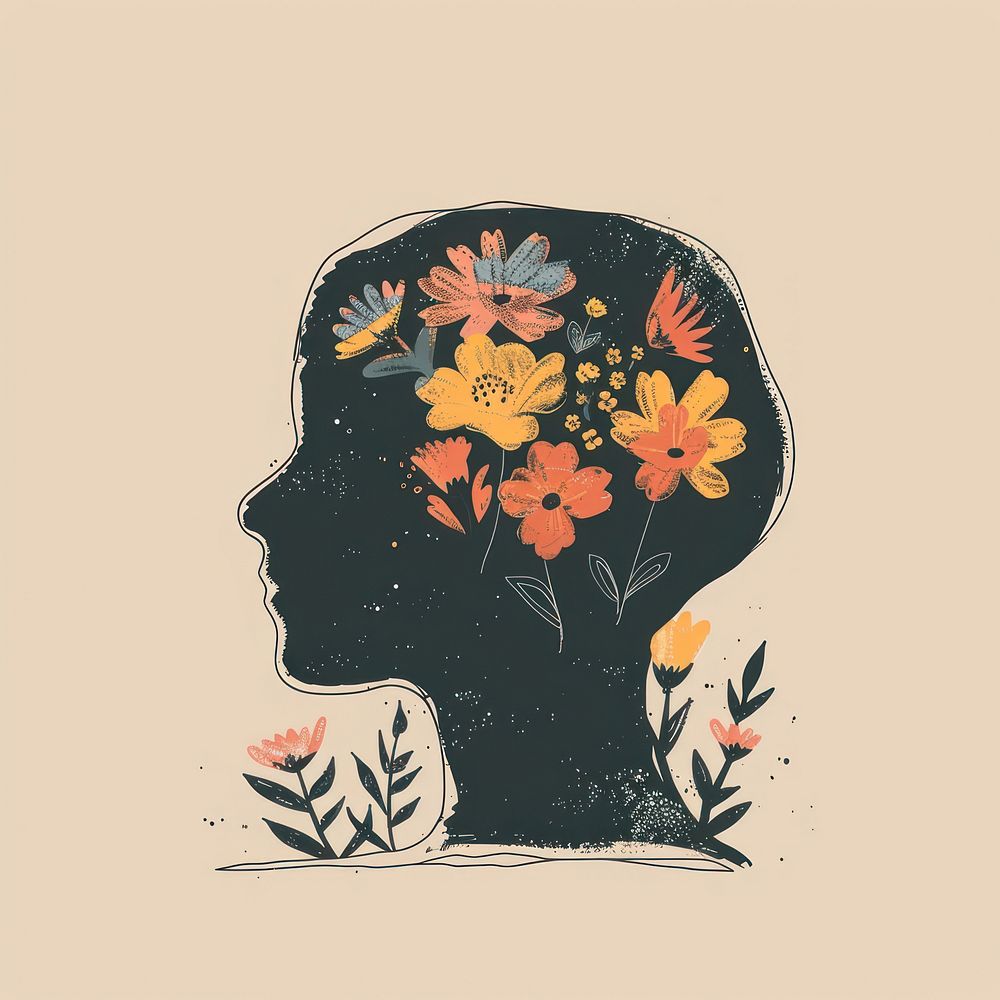 Silhouette head with flowers sketch painting drawing.
