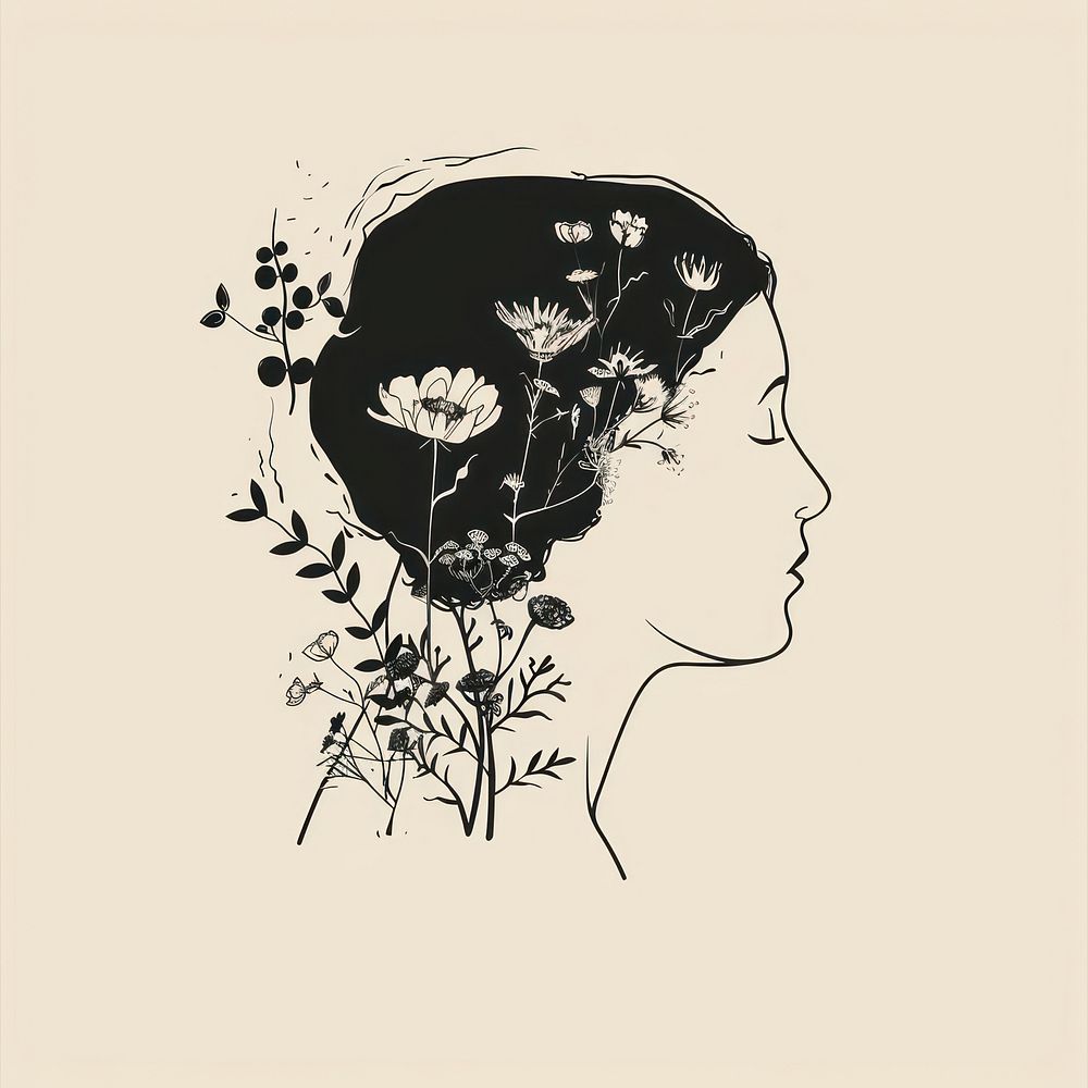 Silhouette head with flowers sketch drawing adult.