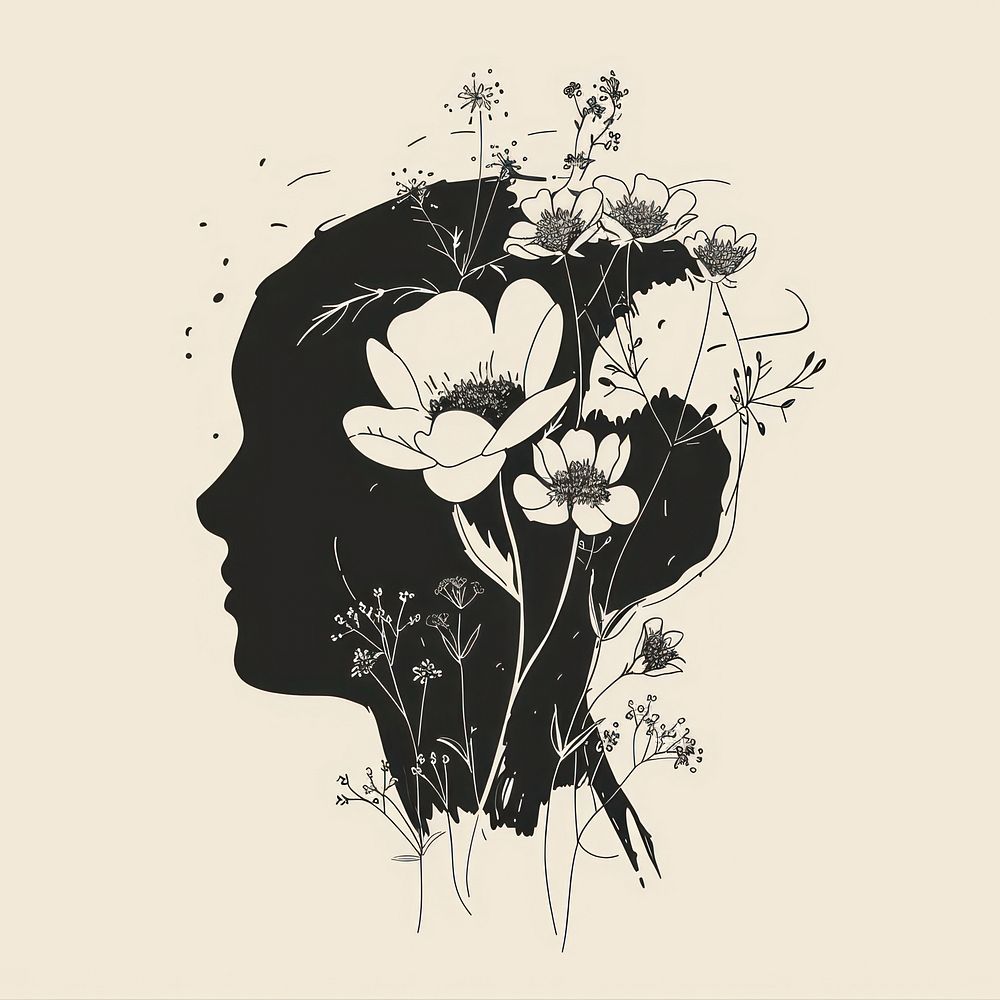 Silhouette head with flowers sketch drawing plant.