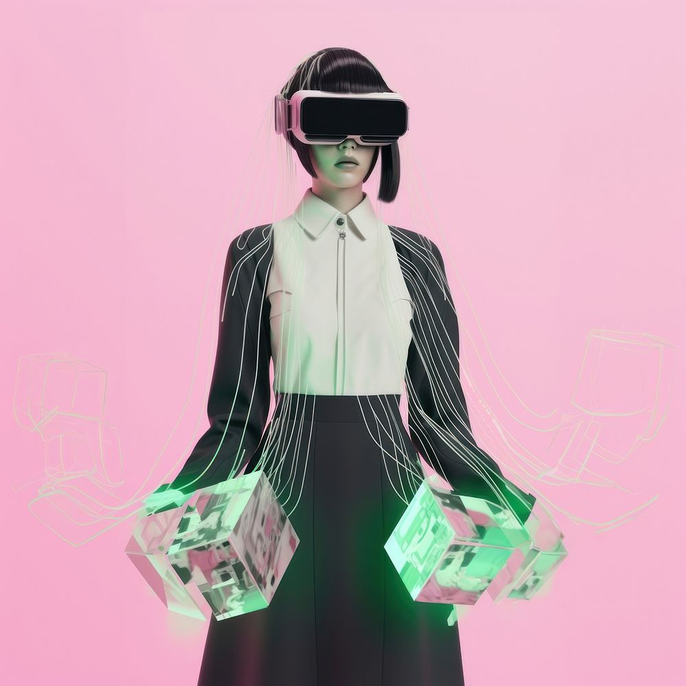 Cybernatic woMan wearing futuristic virtual reality glasses woman cardboard clothing.