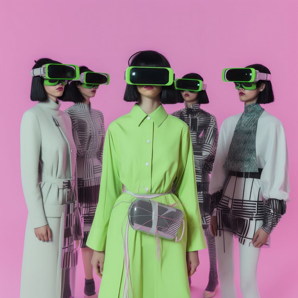 Group shot of diversity cybernatic wearing futuristic virtual reality glasses fashion accessories accessory.