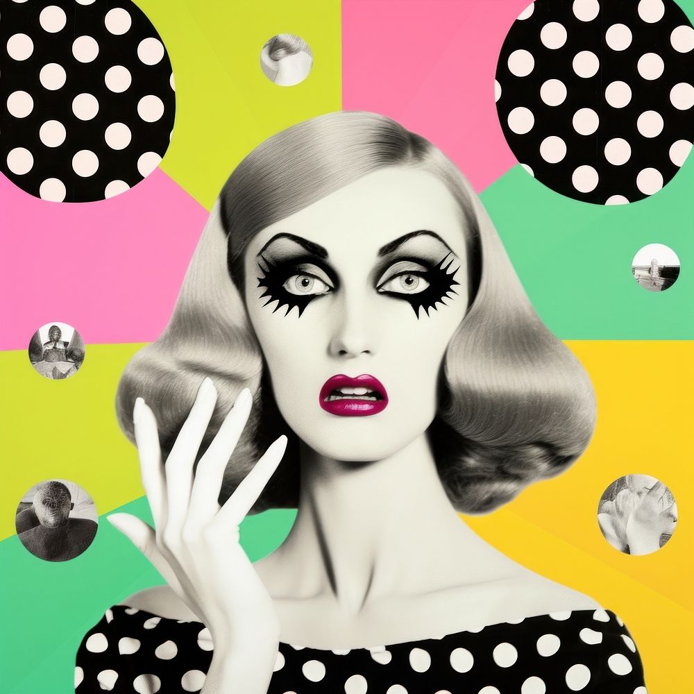 Retro comic illustration of drag queen collage photography portrait.