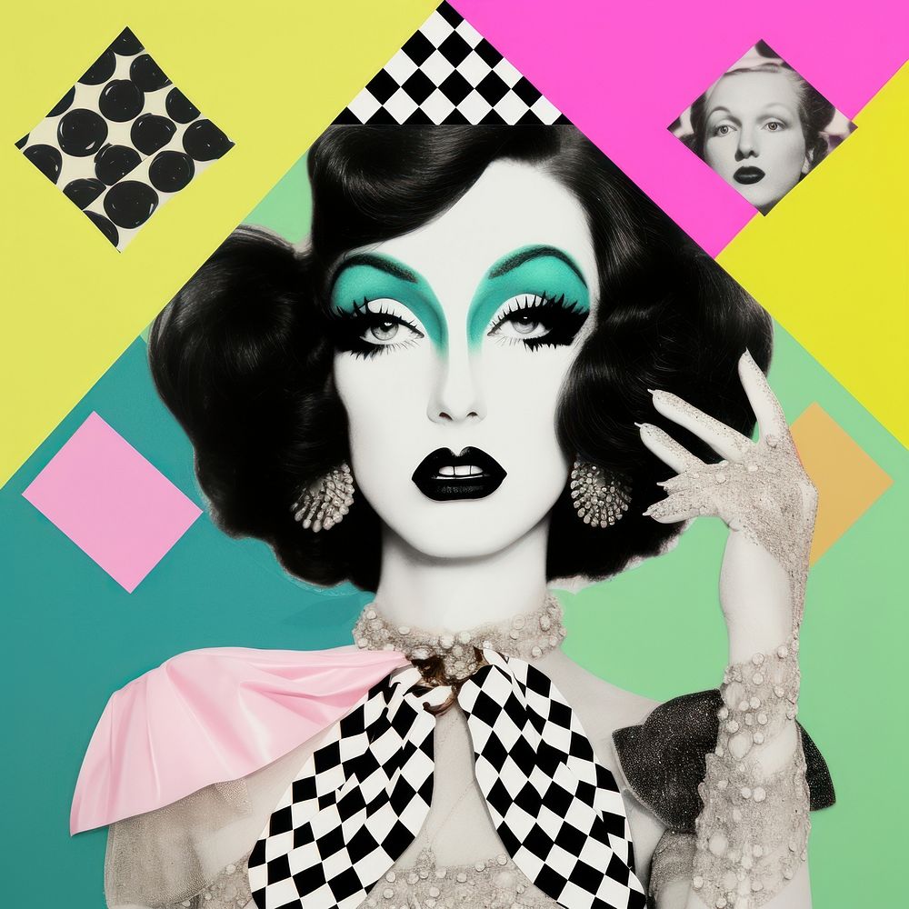 Retro comic illustration of drag queen collage advertisement accessories.