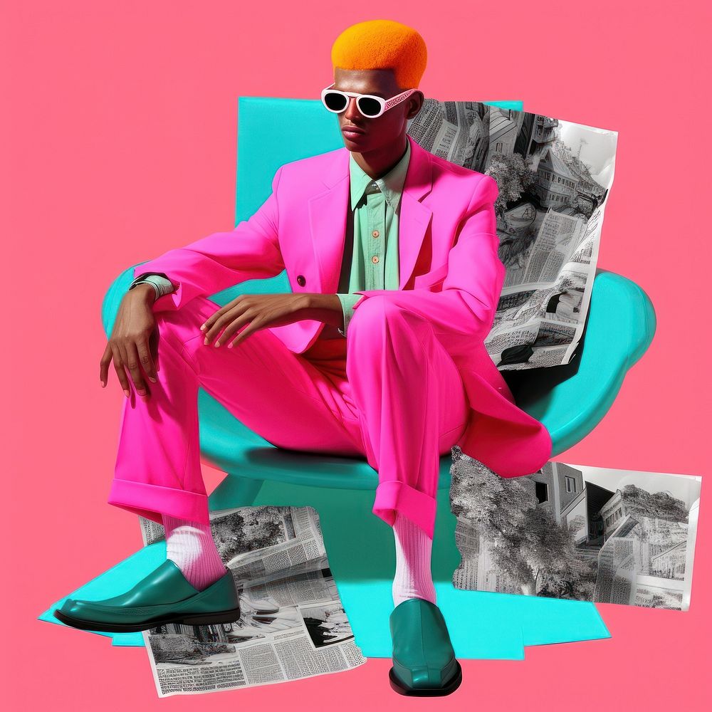 Minimal pop art collage represent of street men fashion accessories sunglasses furniture.