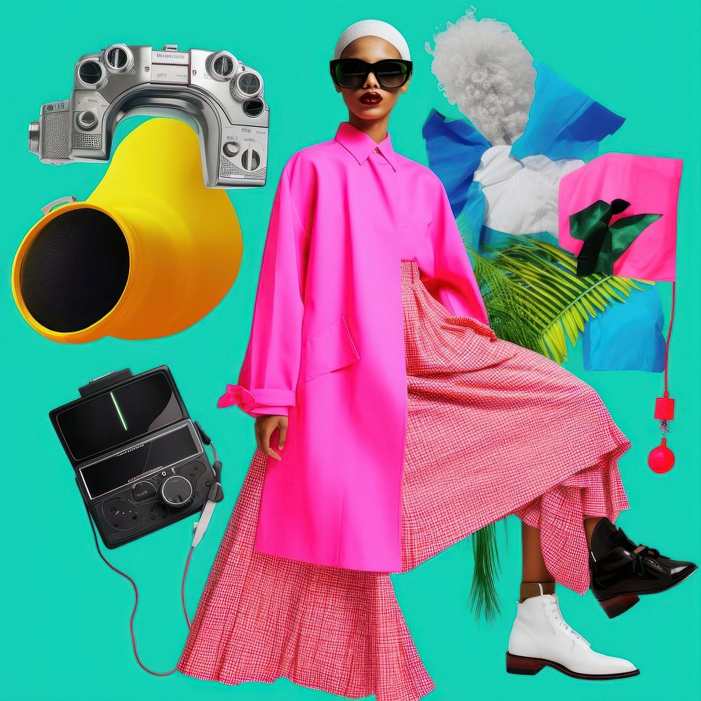 Minimal pop art collage represent of y2k fashion clothing footwear apparel.