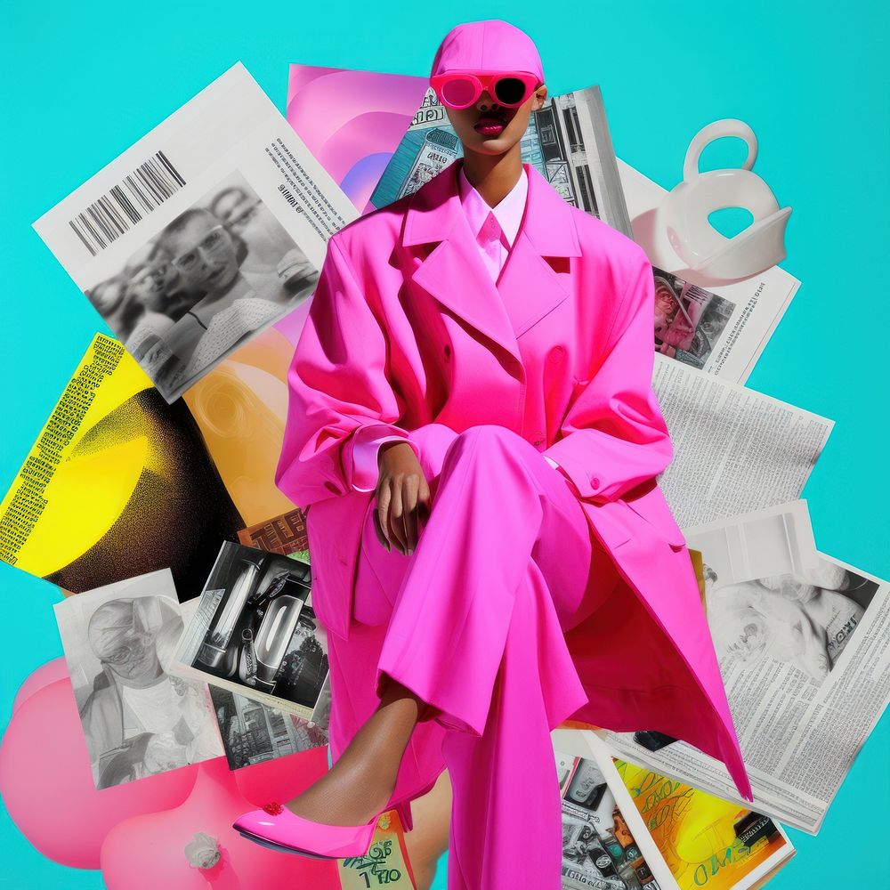 Minimal pop art collage represent of y2k fashion clothing apparel person.